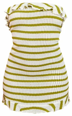Green Striped Bandeau Frill Hem Textured Bodycon Dress