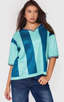 Green Striped V Neck Oversized Football T Shirt