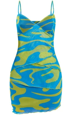 Green Swirl Mesh Raw Hem Tiered Bodycon Dress