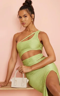 Green Textured Cut Out One Shoulder Detail Midaxi Dress