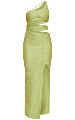 Green Textured Cut Out One Shoulder Detail Midaxi Dress
