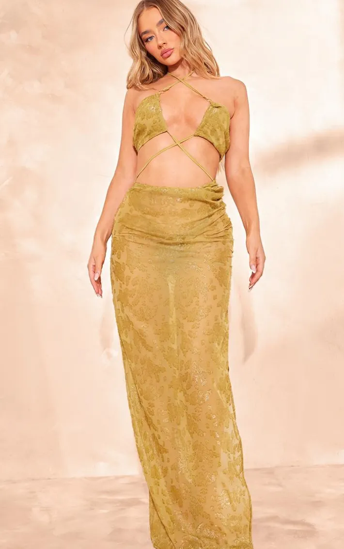 Green Textured Floral Chiffon Cross Front Maxi Dress