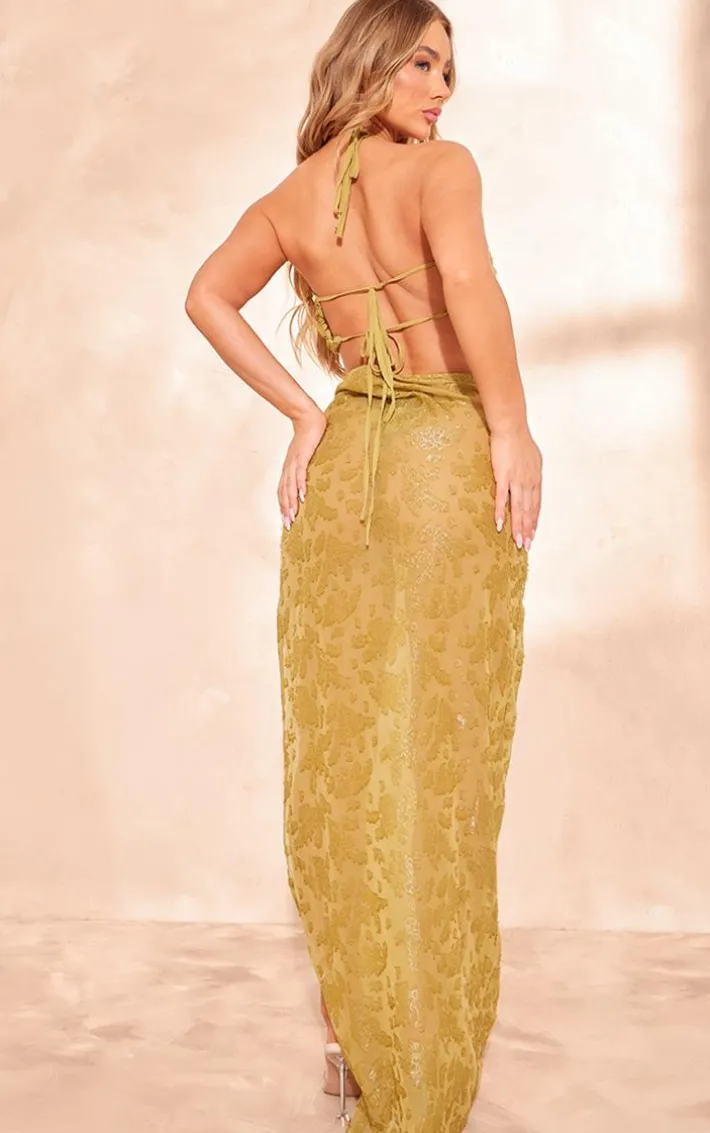 Green Textured Floral Chiffon Cross Front Maxi Dress