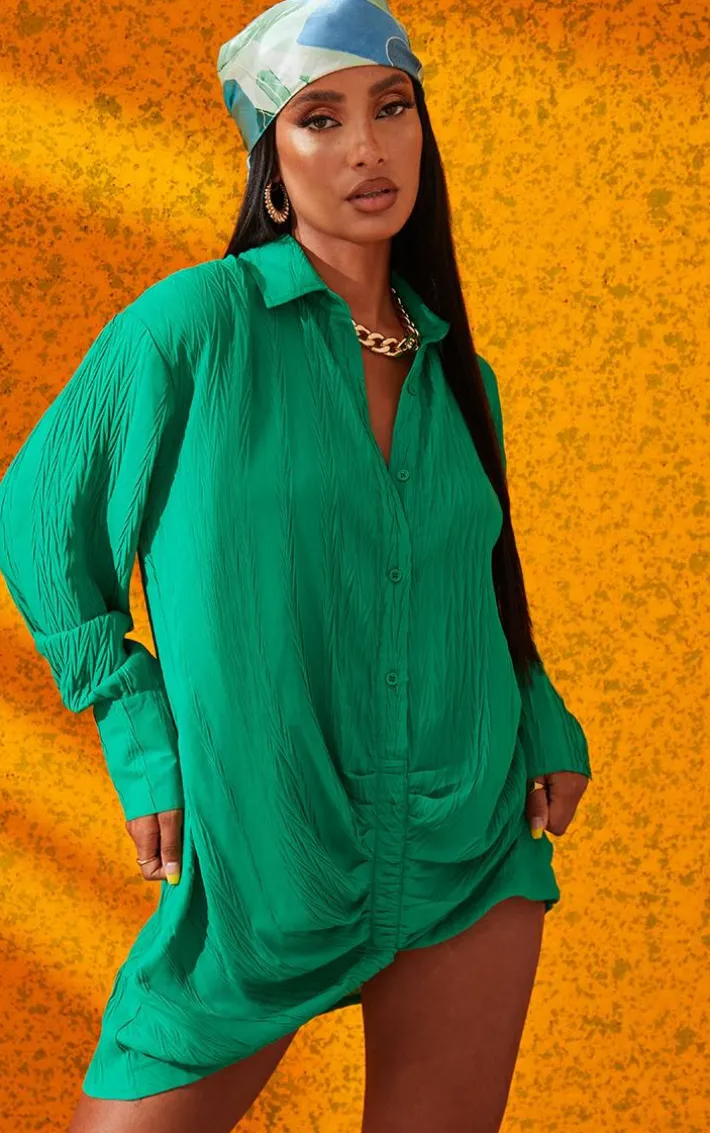 Green Textured Gathered Detail Long Sleeve Shirt Dress