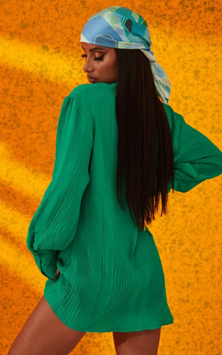 Green Textured Gathered Detail Long Sleeve Shirt Dress
