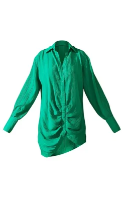 Green Textured Gathered Detail Long Sleeve Shirt Dress