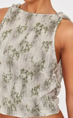 Green Textured Glitter Cowl Back Long Top