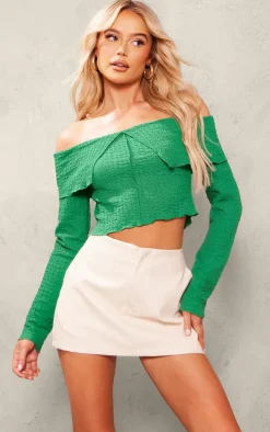 Green Textured Popcorn Foldover Bardot Top