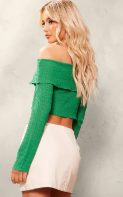 Green Textured Popcorn Foldover Bardot Top