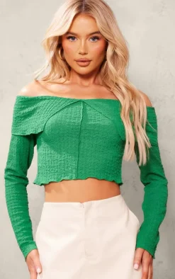 Green Textured Popcorn Foldover Bardot Top