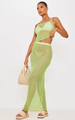 Green Textured Sheer Low Rise Midaxi Skirt