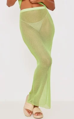 Green Textured Sheer Low Rise Midaxi Skirt