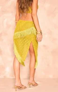 Green Textured Tassel Asymmetric Frill Midi Length Skirt