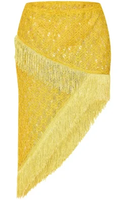 Green Textured Tassel Asymmetric Frill Midi Length Skirt