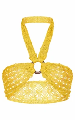 Green Textured Tassel Ring Halterneck Detail Bandeau