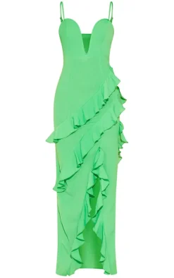 Green Textured Wire Detail Strappy Ruffle Maxi Dress