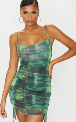 Green Tie Dye Print Strappy Ruched Tie Hem Bodycon Dress