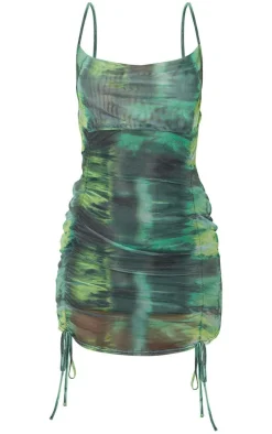 Green Tie Dye Print Strappy Ruched Tie Hem Bodycon Dress