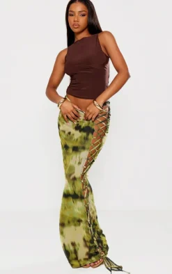 Green Tie Dye Printed Lined Mesh Lace Up Maxi Skirt