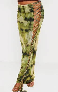Green Tie Dye Printed Lined Mesh Lace Up Maxi Skirt