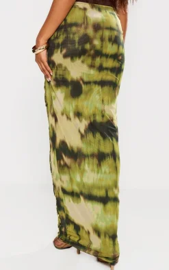 Green Tie Dye Printed Lined Mesh Lace Up Maxi Skirt