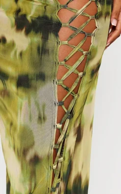 Green Tie Dye Printed Lined Mesh Lace Up Maxi Skirt