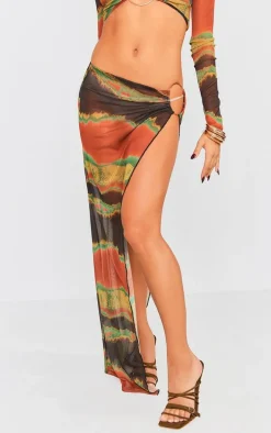 Green Tie Dye Printed Mesh Ring Detail Maxi Skirt