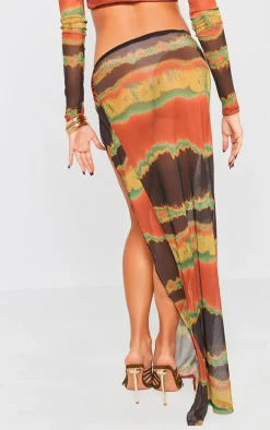 Green Tie Dye Printed Mesh Ring Detail Maxi Skirt