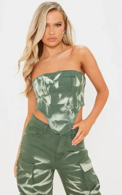 Green Tie Dye Seam Detail Denim Corset Top