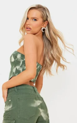 Green Tie Dye Seam Detail Denim Corset Top