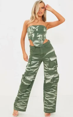 Green Tie Dye Seam Detail Denim Corset Top