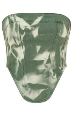 Green Tie Dye Seam Detail Denim Corset Top