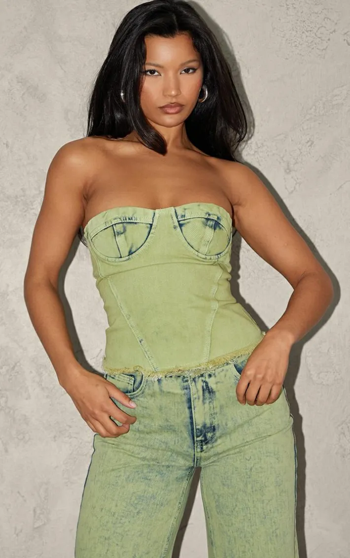 Green Tint Acid Wash Corset Crop Top