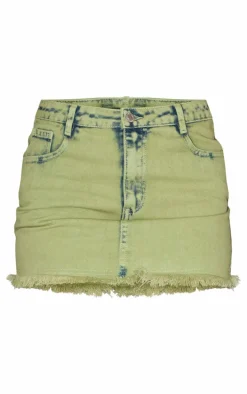 Green Tint Acid Wash Raw Hem Mini Skirt
