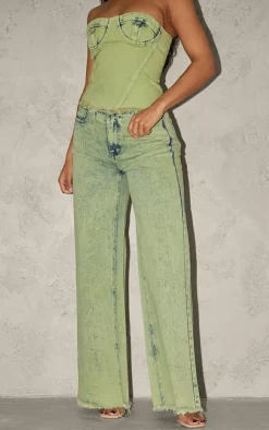 Green Tint Acid Wash Raw Hem Wide Leg Jeans