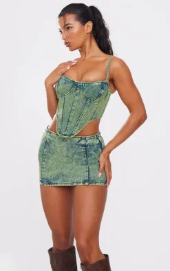 Green Tint Vintage Wash Curved Hem Denim Corset Top