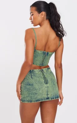 Green Tint Vintage Wash Curved Hem Denim Corset Top