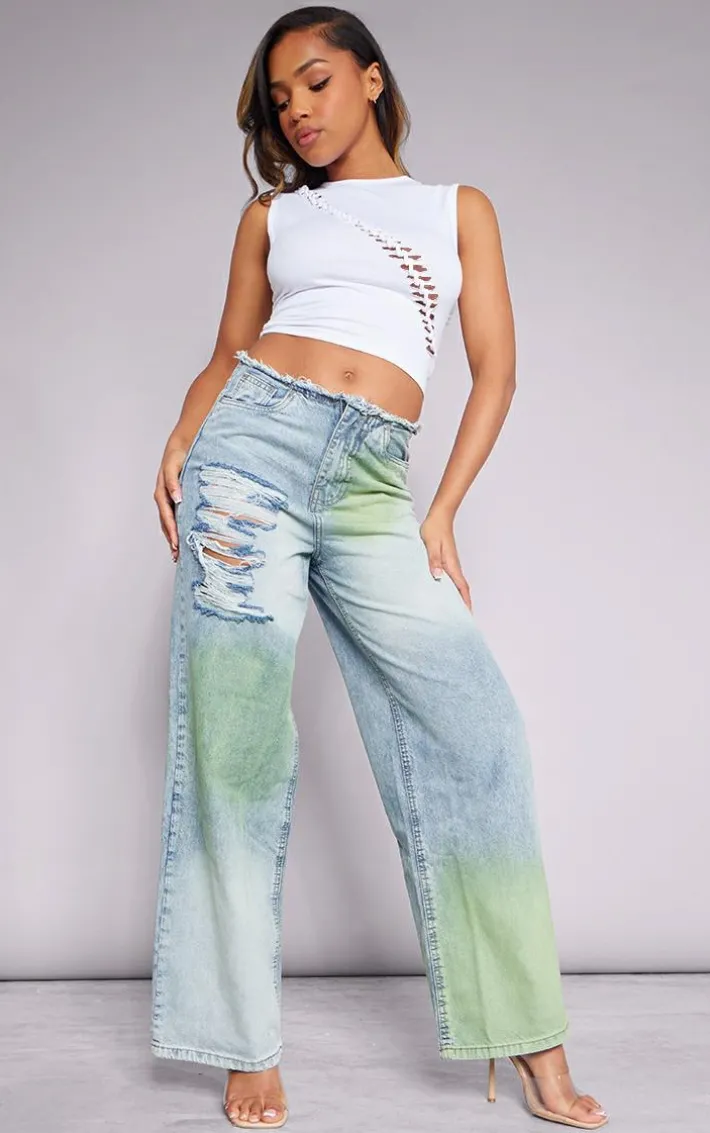 Green Tint Vintage Wash Distressed Seam Detail Wide Leg Jeans