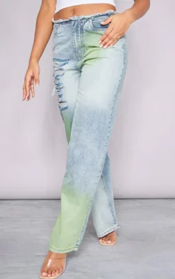 Green Tint Vintage Wash Distressed Seam Detail Wide Leg Jeans