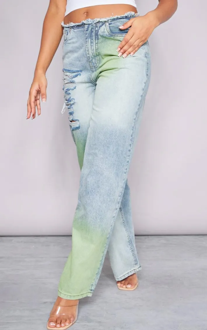 Green Tint Vintage Wash Distressed Seam Detail Wide Leg Jeans