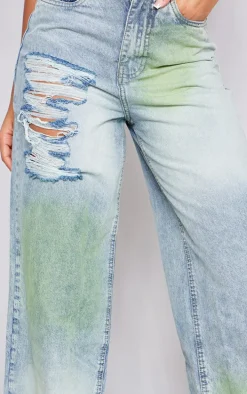 Green Tint Vintage Wash Distressed Seam Detail Wide Leg Jeans