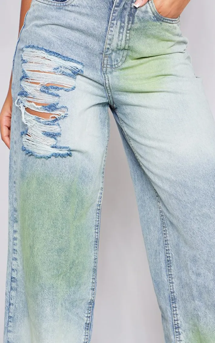 Green Tint Vintage Wash Distressed Seam Detail Wide Leg Jeans