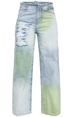 Green Tint Vintage Wash Distressed Seam Detail Wide Leg Jeans