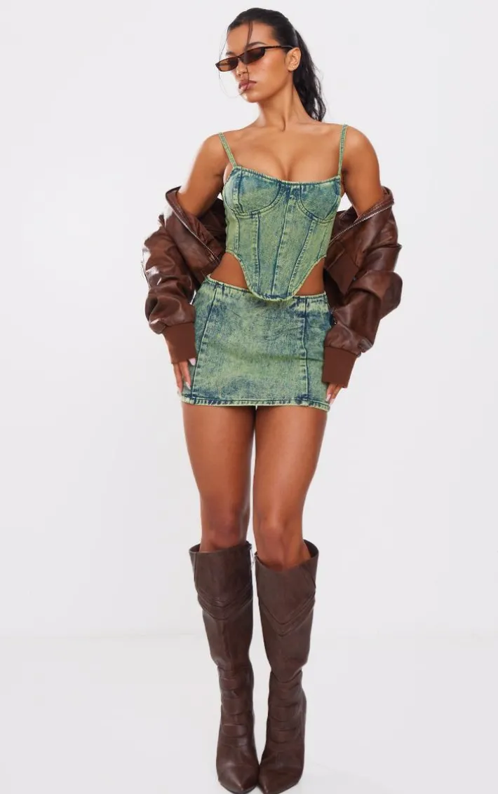 Green Tint Vintage Wash Low Rise Denim Mini Skirt