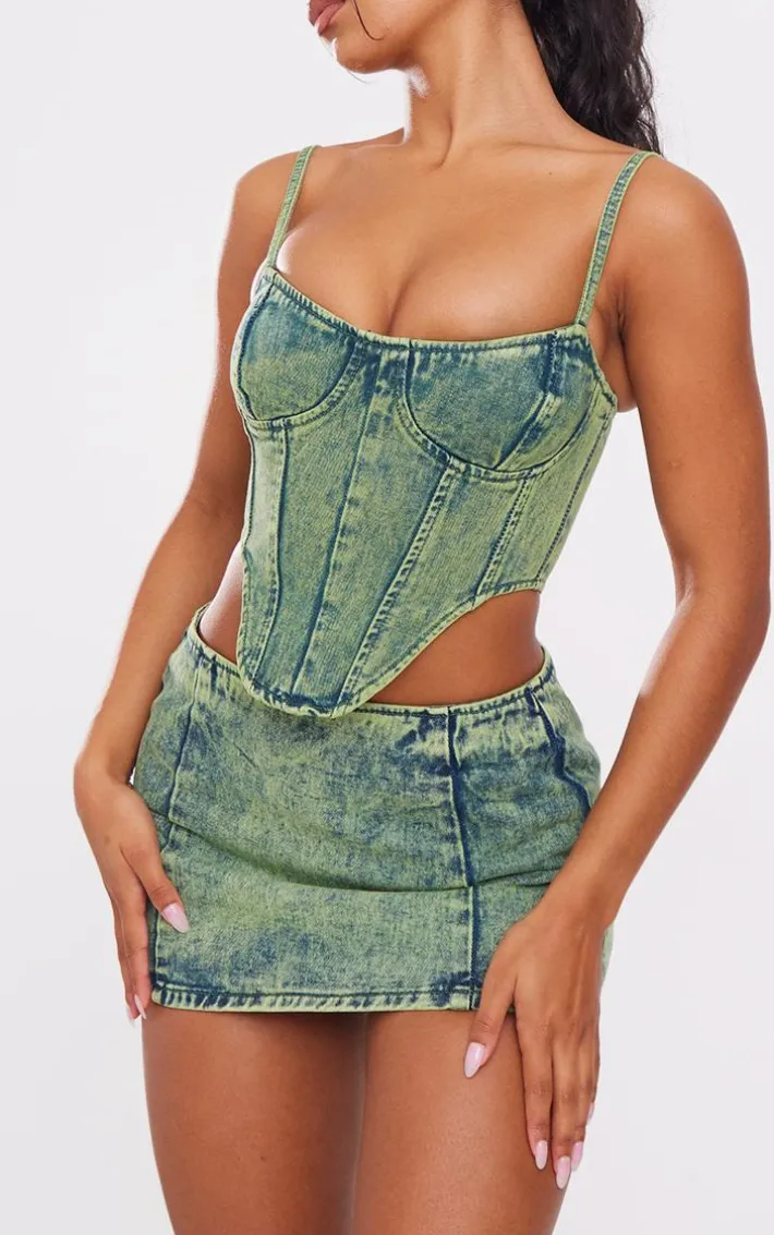 Green Tint Vintage Wash Low Rise Denim Mini Skirt