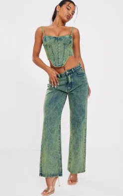 Green Tint Vintage Wash Mid Rise Wide Leg Jeans