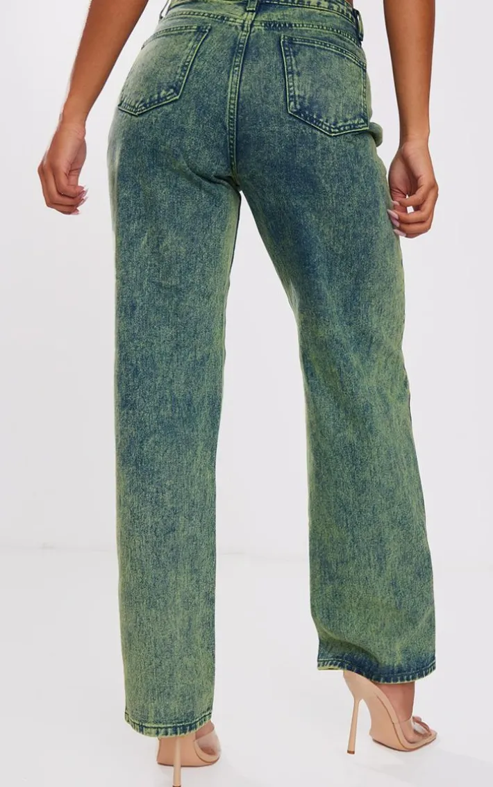 Green Tint Vintage Wash Mid Rise Wide Leg Jeans