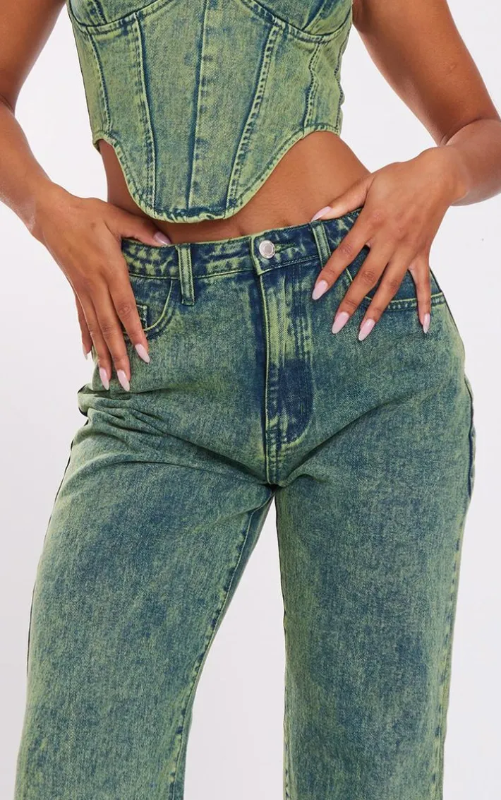 Green Tint Vintage Wash Mid Rise Wide Leg Jeans