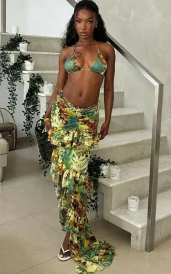 Green Tropical Printed Tie Side Bikini Bottom