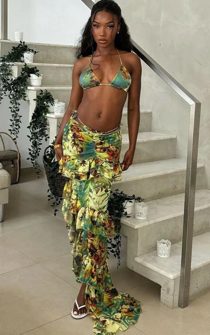 Green Tropical Printed Tie Side Bikini Bottom